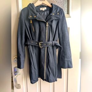 Michael Kors Wool Pea Coat With Hood & Gold Accents